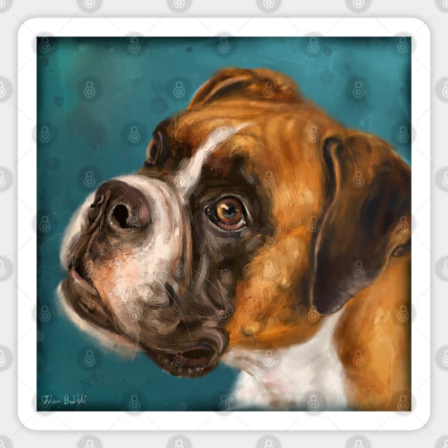 Vibrant Painting of a Gorgeous Brown Boxer Dog on Dark Blue Background Sticker by ibadishi